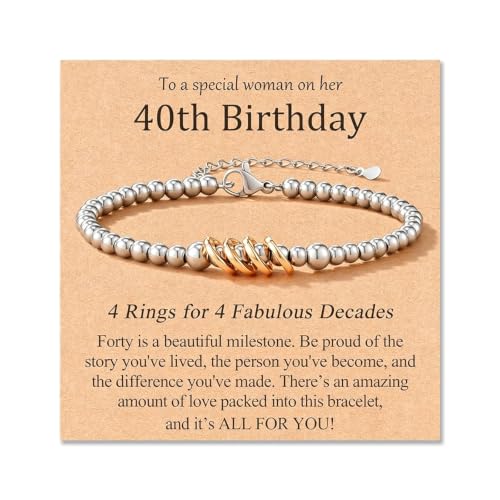 Image of AIKOBAA 40th Birthday Gifts for Women, Beaded Bracelet with 4 Rings for 4 Decades, Adjustable 40th Birthday Bracelet with Meaning Card, Milestone Gift for Her