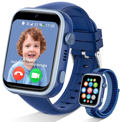 AKUMAKA Reloj Inteligente Niño 4G, IP68 Impermeable Smartwatch Niño con GPS y Llamadas, Videollamada, Whatsapp, SOS, Modo Clase, 5 Modos Deportivos, Podómetro, Reloj Inteligente con SIM, Azul