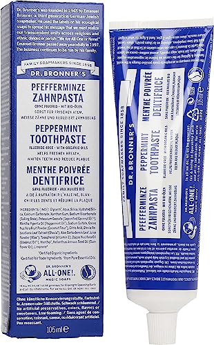 Dr. Bronner's Pasta de dientes de menta, sin flourid, vegana, con aceite de coco orgánico y de comercio justo, 4 x 105 ml = 420 ml