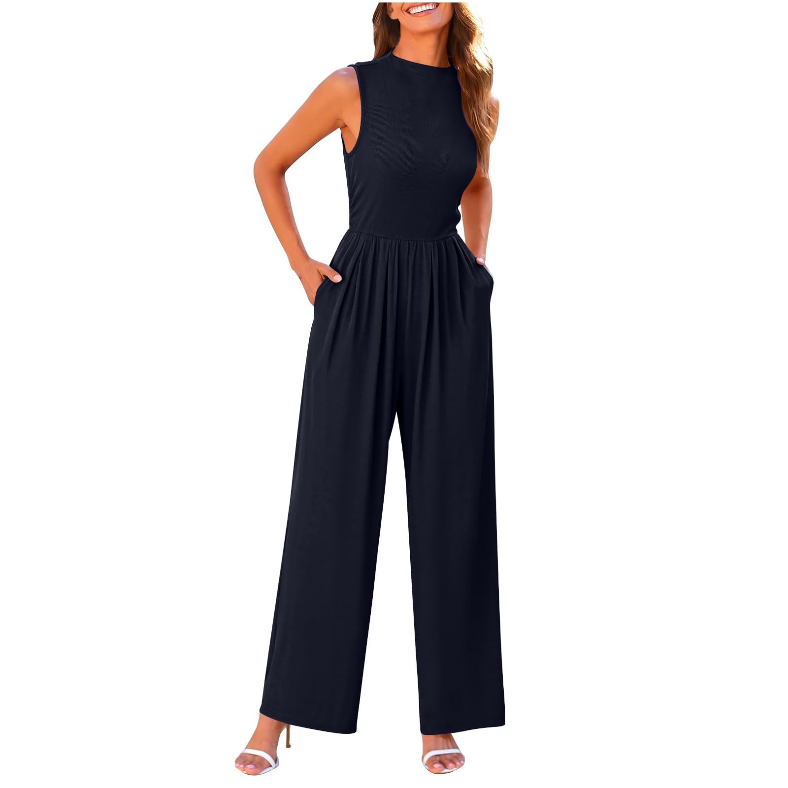 Lmdudan Summer Jumpsuits for Womens Dressy Casual One Piece Outfits Sleeveless Mock Neck Wide Leg Pants Rompers with Pockets