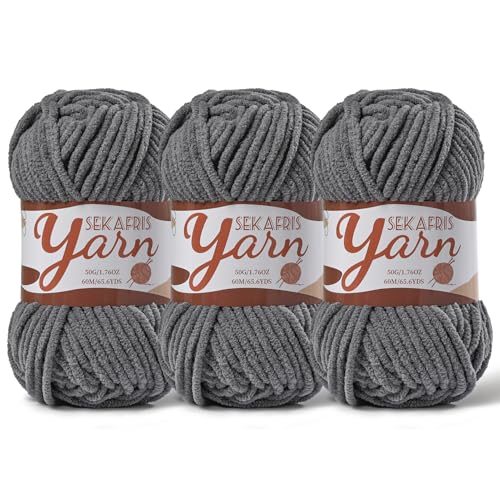 Image of 3 Pack Fluffy Velvet Yarn for Crocheting,Baby Blanket Yarn for Crocheting Soft,150g(196.8yds) Amigurumi Plush Chenille Crochet Yarns,Puzzle Yarns for Crochet Weaving Craft(3 Dark Gray)