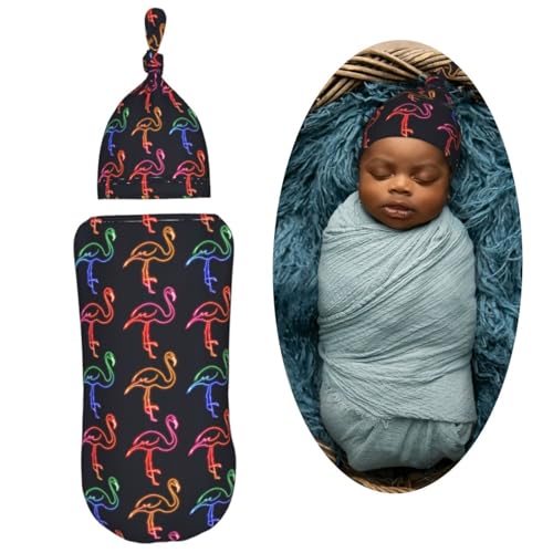 Image of Neon Flamingos Newborn Swaddle Blankets Hat Sets Soft Baby Receiving Blanket Swaddle Sack for Baby Shower Infant Boy Girl Gift