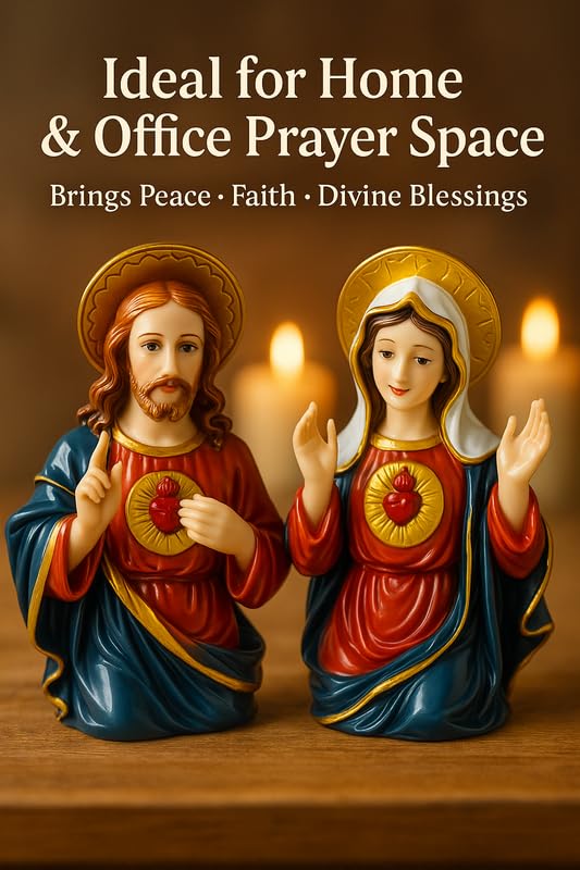 Image of Sacred Heart Jesus & Immaculate Mary Statues | Xmas Dcor Spiritual Idol Set for Home Church, Office Desk, Car Dashboard Idol & Christian Blessing Gift