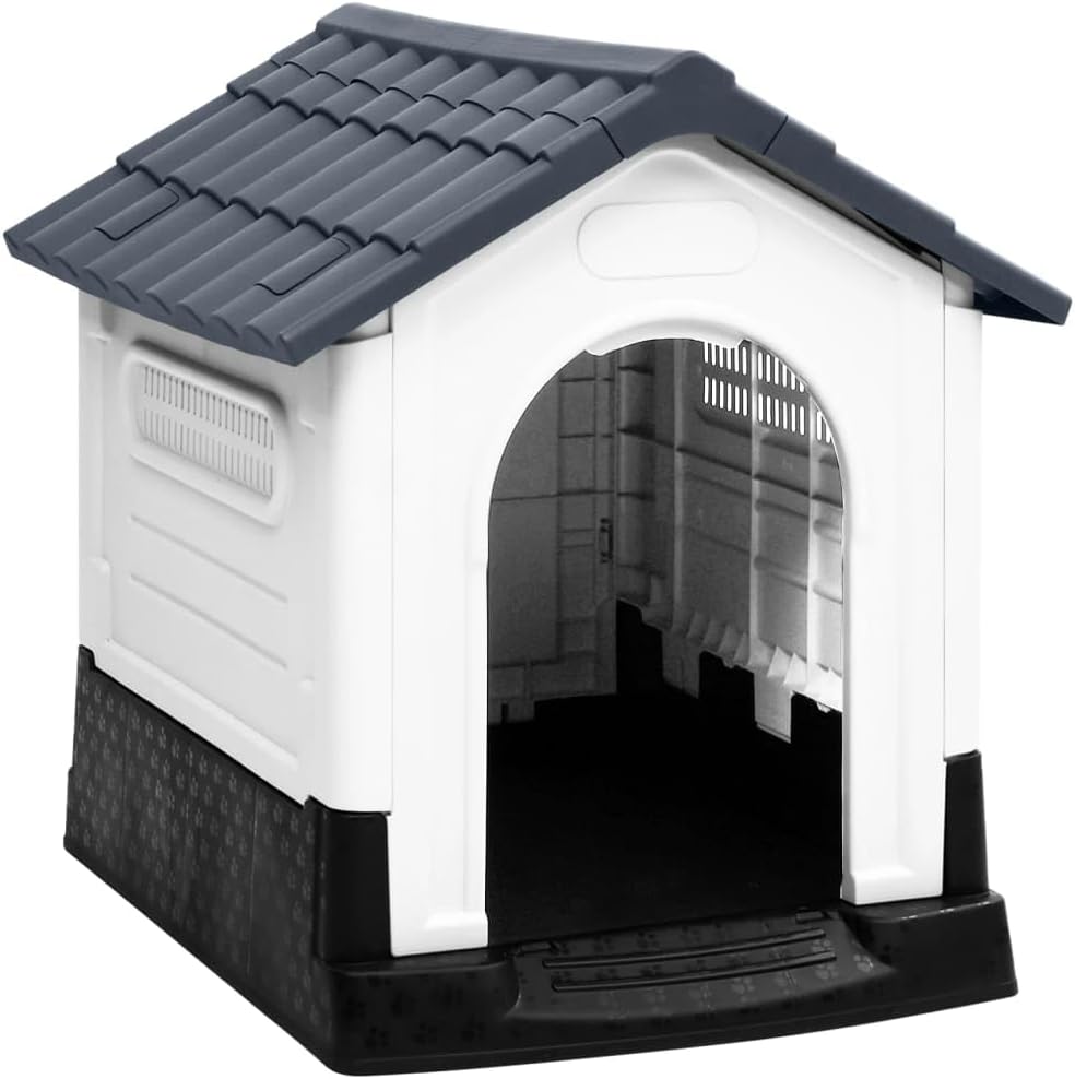 Elevated Dog House for Small Breeds - Durable Polypropylene Outdoor Shelter with Weatherproof UV-Resistant Design in Grey, White, and Black Colors for Beagles, Dachshunds,