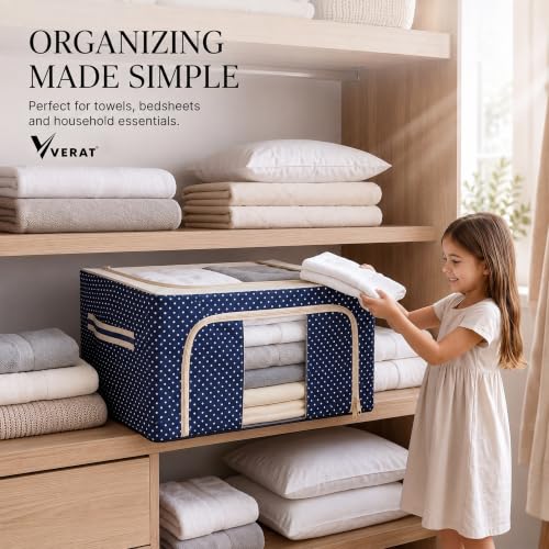 Image of VERAT 4 Pcs 66 Liters Foldable Steel Frame Cloth Organizer with Handle for Storage /Wardrobe Organizer with Zipper /Front & Top Open Almirah Organiser for Sarees /Shirts /Blankets /Clothes Bag- (Blue)