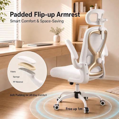 Image of Ergonomic Office Chair for Long Hours and Back Pain Relief, Space-Saving Design with Adjustable Lumbar Support, Flip-Up Arms, 3D Headrest, Tilt & Rock, 330 LBS, White /Gold