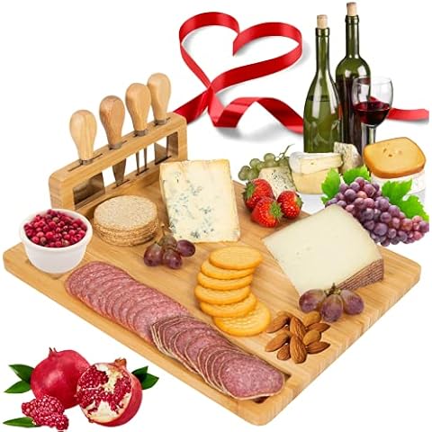 Giggi Bamboo Cheese Board Gift Set | Cheese Board with 4 Piece Cheese Knives | Charcuterie Board | Cheese Board and Knife Set Ideal for Christmas Gifts Birthday Gifts Parties Perfect Cheese Board Set Cover
