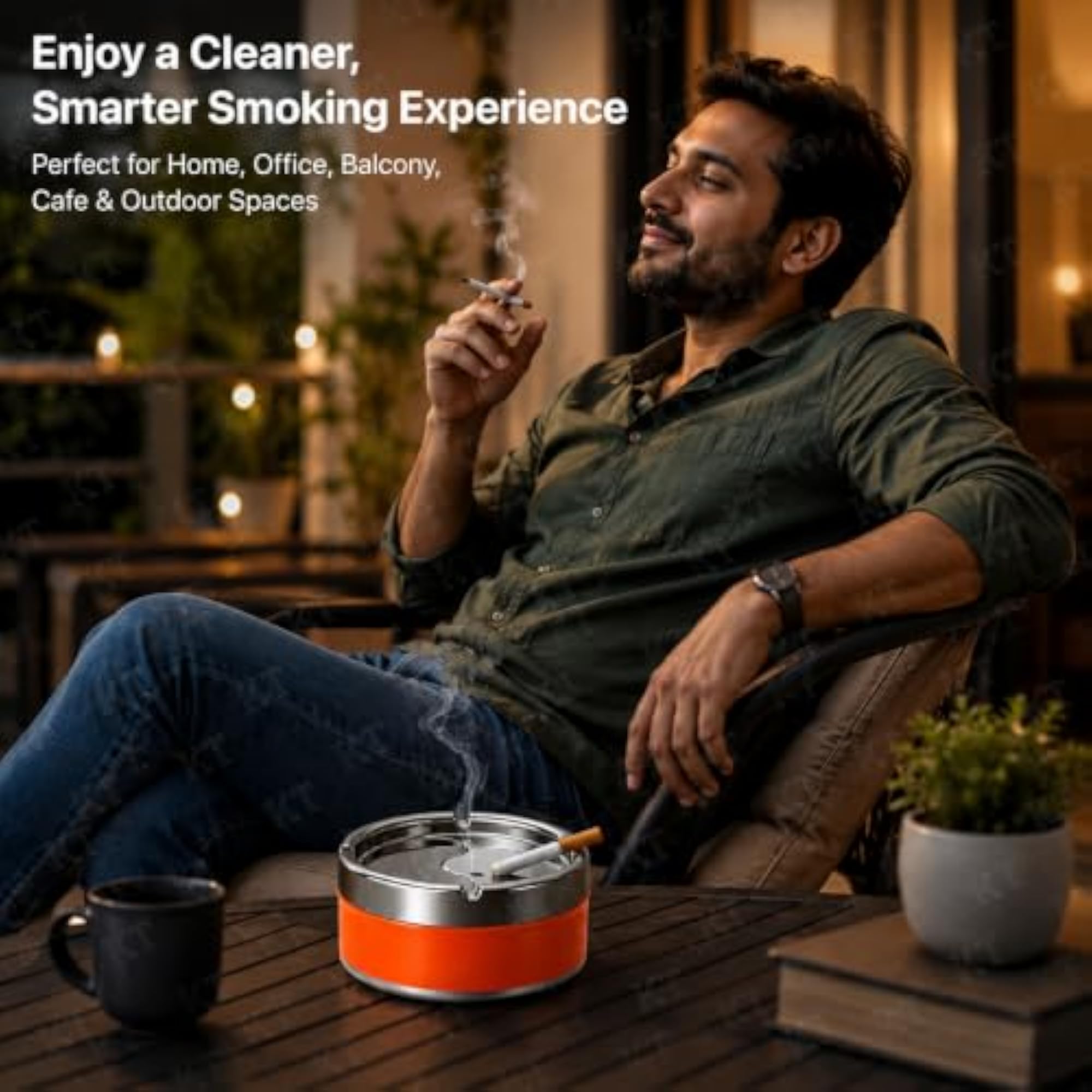 Stainless Steel Ashtray with Lid, Windproof Smokeless Design