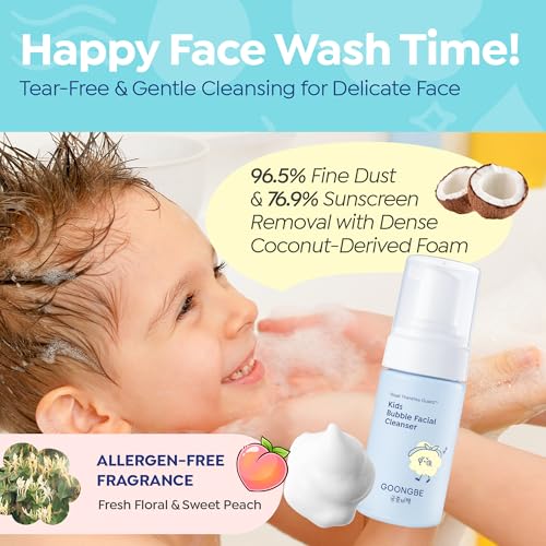 Image of GOONGBE Kids Bubble Face Wash - Tear-Free Micellar Foam Cleanser for Sensitive Skin - Gentle Sunscreen Removal, Low pH with Panthenol & Cica - Pump Foam, Allergen-Free, 3.38 fl oz