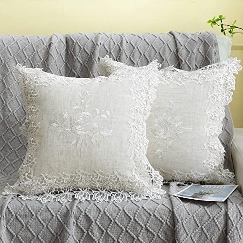 K MASANIJI 2 Pack Off White Embroidered Throw Pillow Cover 18x18 inches, Linen Blended Creamy Rose Lace Sqaure European Pillow Shams, Decorative Farmhouse (White Rose, Linen Blended)