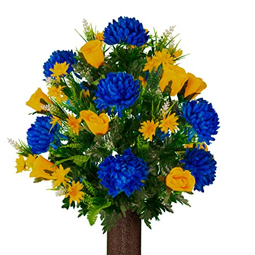 Sympathy Silks Artificial Cemetery Flowers – Realistic Vibrant Roses, Outdoor Grave Decorations - Non-Bleed Colors, and Easy Fit - 1 Blue Mum and Yellow Rose Bouquet