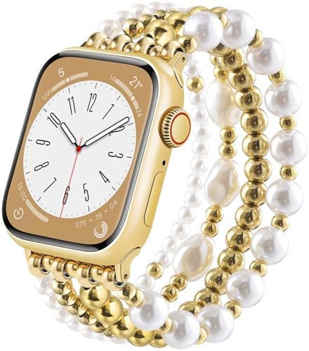 CAGOS Gold Beaded Bracelet Compatible with Apple Watch Bands for Women 38mm 40mm 41mm 42mm 44mm 45mm 46mm, Stainless Steel Beads & Pearls, Dressy Elegant Elastic Str...