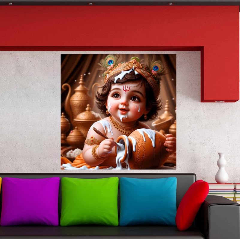 Image of British Terminal Cute little Bal Gopal Baby God Krishna| Kanha Ji | Laddu Lord Makhan Chor Painting Religious Poster for Pregnant Women for wall (matt thin vinyl,sticker,multicolor,unframed)| bj407