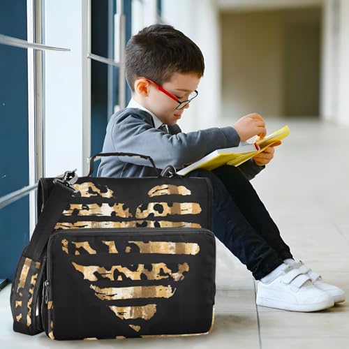 Image of 3 Ring Zipper Binder with Shoulder Strap Leopard Skin Golden Heart 1.5 inch Binders Keeper Large Capacity Multi Pockets for School Office Supplies