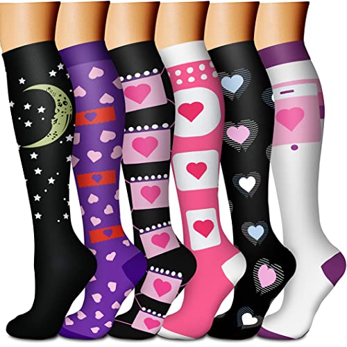 CHARMKING Calcetines de compresión para mujeres y hombres (6 pares) de 15 a 20 mmHg son los mejores para atletismo, correr, viajes en vuelo, apoyo, 20 Negro/Rosa/Negro/Púrpura/Negro/Blanco, S/M Cover