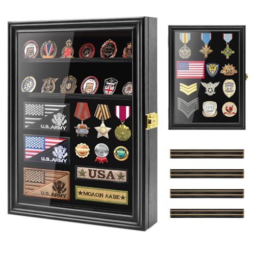 PiaoHao Medals Display Case Wall Frame for Collector, Military Challenge Coins Holder, Pins, Lockable Shadow Box with Removable Shelves, Black