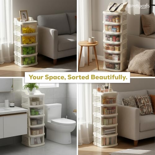 Image of PrettyKrafts 5 Tier Plastic Storage Drawer Cabinet with Wheels /Modular Storage Drawer Organizer with Side Basket & Integrated Handle /Plastic Storage Trolley Rack for Home /Kitchen /Office /Books