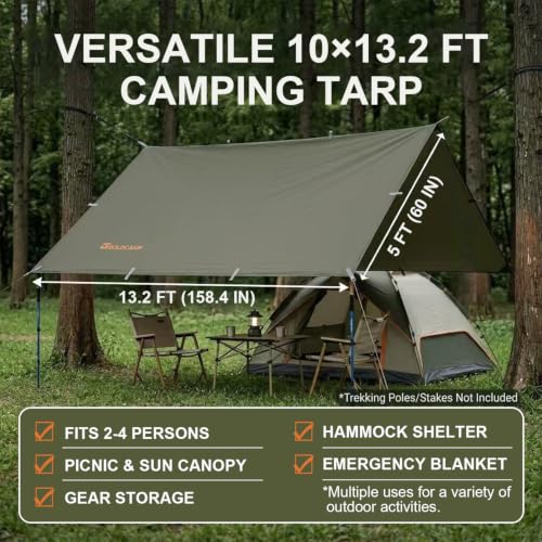 GOLDCAMP Bushcraft Emergency Camping Tarp,70D Nylon 10X13.2FT Hammock Rain Fly ,UV 50+ and PU15000mm Tent Tarp Shelter Canopy,Heavy Duty Multifunctional Sun Shade Essentials for Hiking (10X13.2ft) - image 6