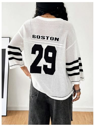 MakeMeChic Women's Letter Print Striped V Neck Hollow Out Crochet Sweater Drop Shoulder Knit Pullovers2