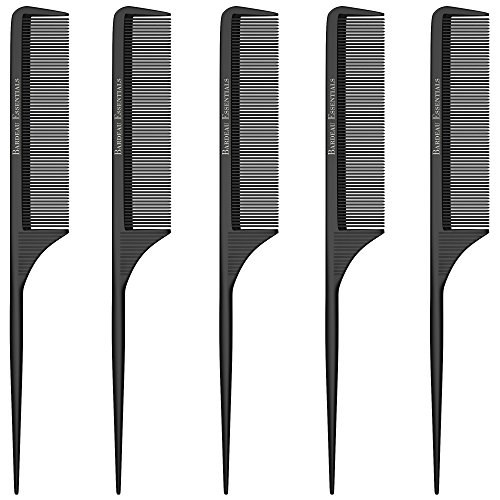 Styling Comb (5 Pack) Professional 8.8” Black Carbon Fiber Anti Static Chemical And Heat Resistant Tail Comb For All Hair Types | Fine and Wide Tooth Teasing Comb | Men and Women | Bardeau Essentials