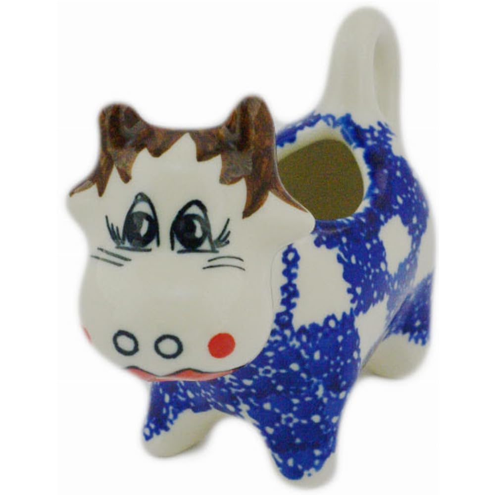 Authentic Polish Pottery Cow Shaped Creamer in Floral Checkerboard Design Handmade in Boles?awiec Poland by Ceramika Dalia + Certificate of Authenticity
