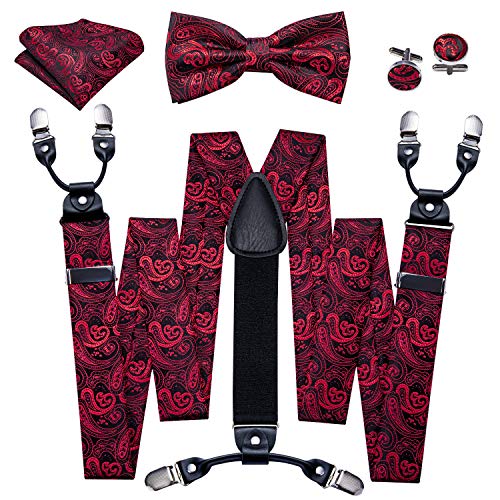 Image of YOHOWA Men Suspenders 6 Clips Strength Adjustable Y Braces Pre-Tied Bow Tie Set Formal Wedding Party