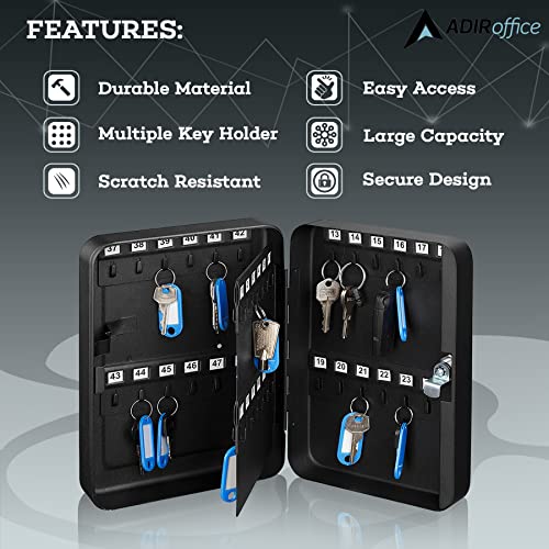 Adiroffice Key Lock Box Cabinet Wall Mount With Keys & 48 Colored Name Tags - Key Safe Organizer For A Mess Free Work Place Such As Car Dealer, Property Manager, Valet Parking & More (48 Keys, Black) #TOP3