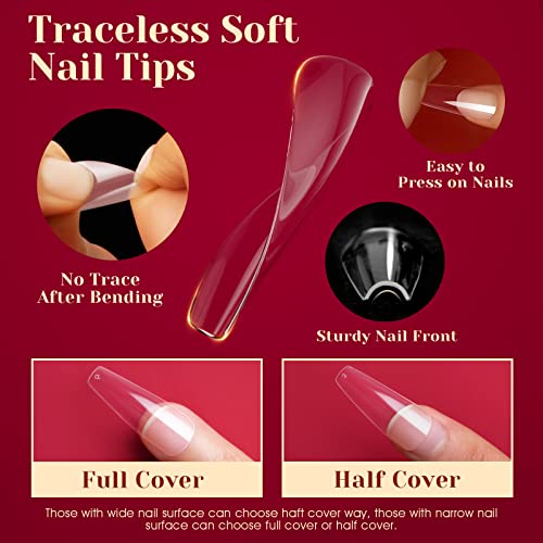 Image of 504PCS Full Cover Long Coffin Nail Tips Clear Fake Nail Tips,ROSALIND Long Coffin Gel Nail Tips for Nails Extension Acrylic False Nails with Box,12 Size Nails for Women DIY Nail Salon