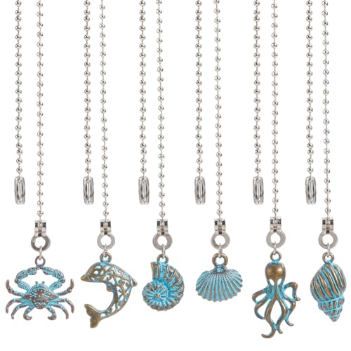 Image of CRASPIRE 12Pcs Seashell Ocean Marine Animal Ceiling Fan Pull Chain | Alloy Dolphin Crab Octopus, Vintage Green Patina, Hanging Pendant Charm, Ball Chain Dangler Extension