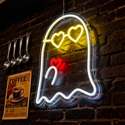 Image of White&Yellow Neon Sign Led Neon Lights Signs for Wall Decor USB Powered Led Signs for Room Decoration-Eyeglass Heart Ghost