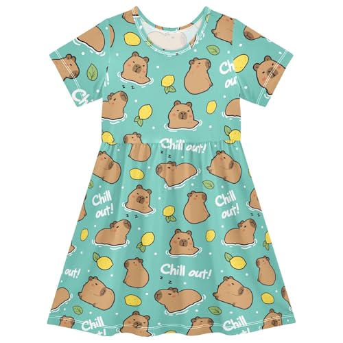Cute Capybara Simple Lemons Summer Girls Short Sleeve Dress Casual Dresses Beach Sundress for 2-8 Years