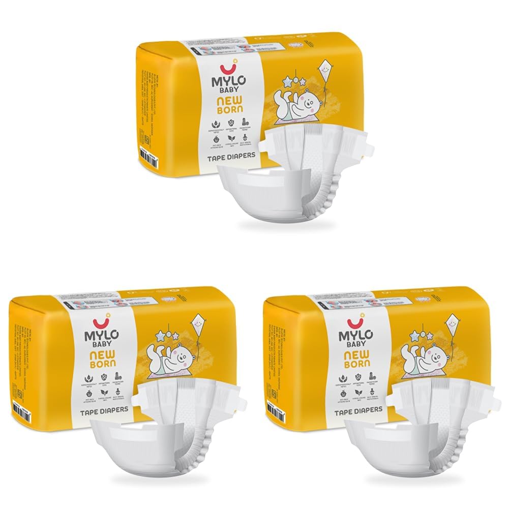 Mylo Baby Tape Diaper Newborn (NB) Size Upto 5 kg Babies (26 Count) Leak Proof | Lightweight | Rash Free | Upto 12 Hours Protection | ADL Technology | with Zinc Oxide Layer (Pack of 3)-image-19
