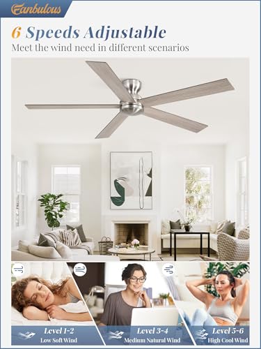 Image of Fanbulous 60 Inch Flush Mount Ceiling Fan no Light, Brushed Nickel, Modern