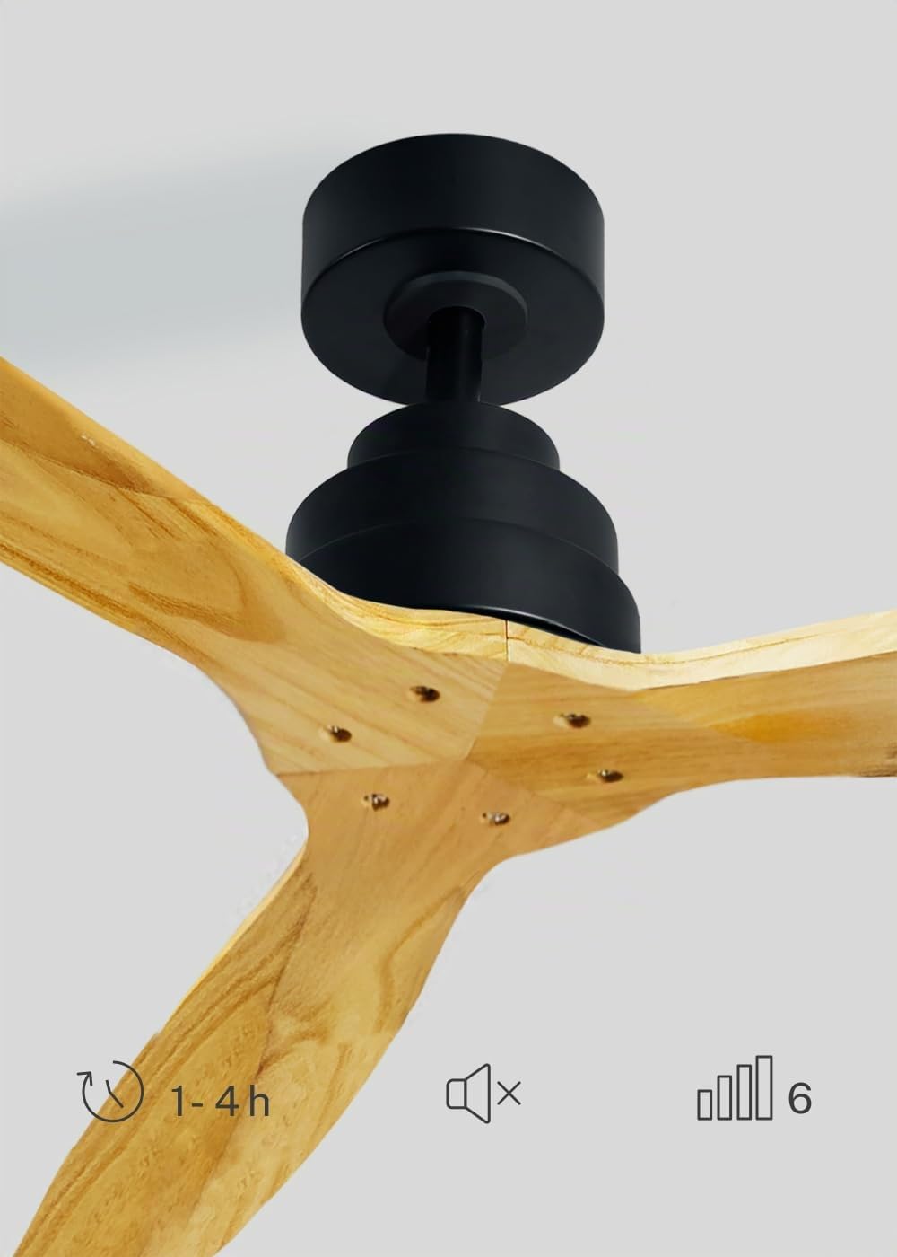 CREATE / WINDSTYLANCE DC/Ventilador de techo negro aspas madera natural con mando / 40W, Silencioso, Ø132 cm, 6 velocidades, temporizador, verano-invierno, doble altura, motor DC