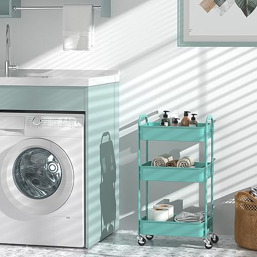 Image of MAX Houser 3-Tier Rolling Utility Cart with Caster Wheels,Easy Assembly, for Kitchen, Bathroom (Turquoise) | Easy Assembly, multi-purpose storage trolley for kitchen, rolling cart with smooth caster wheels for bathroom