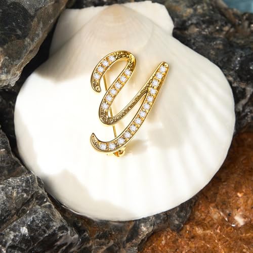 Image of Cicy Bell A-Z Initial 26 Letter Brooch Pins 18k Gold Plated Cubic Zirconia Breastpin Name Personalized Gifts for Women Men