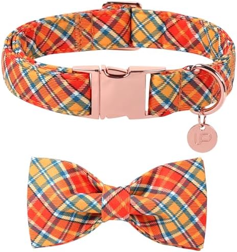UP URARA PUP Autumn Plaid Dog Collar and Bow Tie Set – Orange Yellow Checkered Adjustable Fall Collar with Maple Leaf Charm for Small Medium Large Dogs, Soft Cotton Pet Collars with Buckle and D-Ring