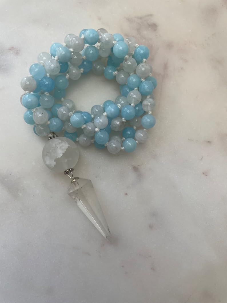 Natural Aquamarine and Moonstone 8mm 108 Mala Beads, Spiritual, Meditation Beads, Reiki, Japa Mala, Buddhist Prayer Beads, Yoga Bracelet, healing beads