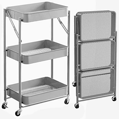 BAKAJI Carrello Cucina Pieghevole con 3 Ripiani Cestelli 4 Ruote girevoli a 360 Gradi con Freno Integrato in Metallo Trolley Salvaspazio da Servizio Dimensioni 29 x 40 x 76 cm (Grigio)