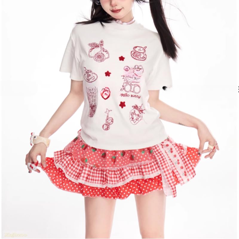 Women's Lolita Mini Skirt Sweet Y2K Floral Print with Ruffles & Bow Chiffon Pink Cake Skirt4