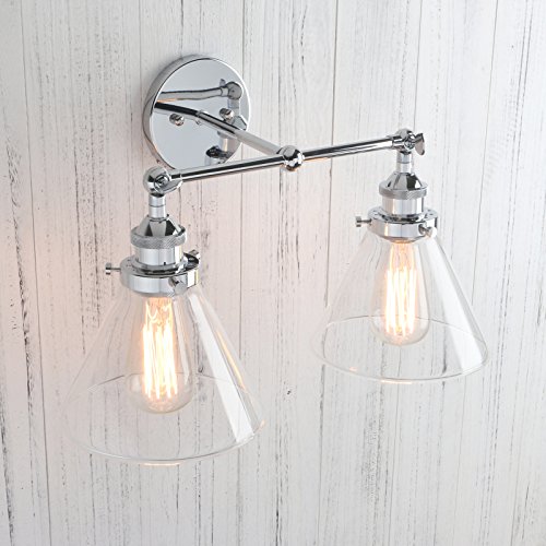 Image of Permo Vintage Industrial Antique 2-Lights Wall Sconces with Dual Funnel Clear Glass Shade (Chrome)