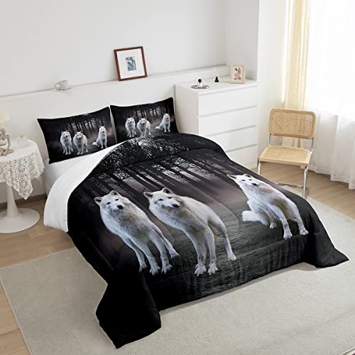 Feelyou Wolf Bedding Set Twin Size Safari Animal Pattern Comforter Set For Kids Boys Girls White Wolf Family Comforter Woodland Cool Wildlife Style Decor Quilt Set 2 Pcs #TOP3