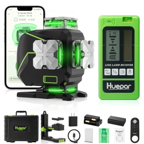 Image of Huepar Laser Level 360 Self Leveling, S04CG 4x360 Green 4D Cross Line Laser with LCD Screen with Receiver -Pulse Mode, Bluetooth, Remote Control, Rechargeable 16 Lines Laser Tool for Construction