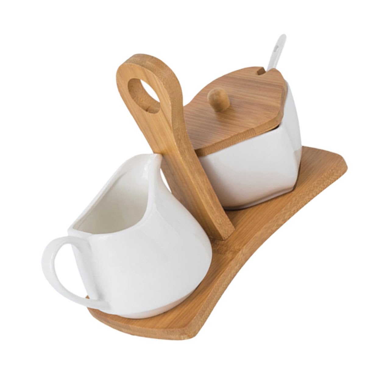 Ensemble sucrier en céramique blanc avec pot à lait et son plateau en bambou