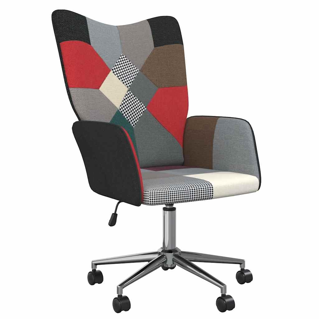 Sillón de relax de tela de patchwork con acolchado de espuma, regulable y giratorio, sillón de salón con ruedas, diseño moderno, 61,5 x 69 x (94,5-102) cm, cómodo sillón tapizado
