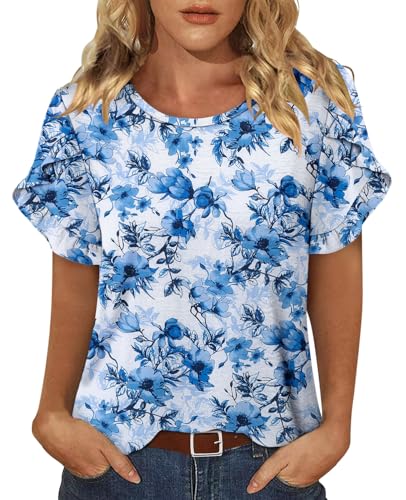 CRAZY GRID Women's Shirts Summer Casual Crewneck Ruffle Short Sleeve Blouses Cute Floral Print Tunic Tops