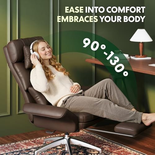 Image of FLEXISPOT Oversized Chaise Lounge Chair Indoor with Wheels Footrest Expandable Big Seat Space, Home Office Chairs for Living Room Bedroom Study Working Relaxing Gaming, ScratchSafe Air Leather, Brown