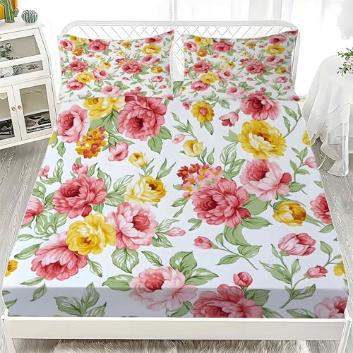 Sabana Bajera 180x200 PeoníA Sabanas Bajeras Estampadas Estilo Pastoral Sábana Bajera Ajustable Suaves, Elastico Funda Colchon con 2 Funda Almohada 50x80 cm, para Colchón de 30cm de Altura