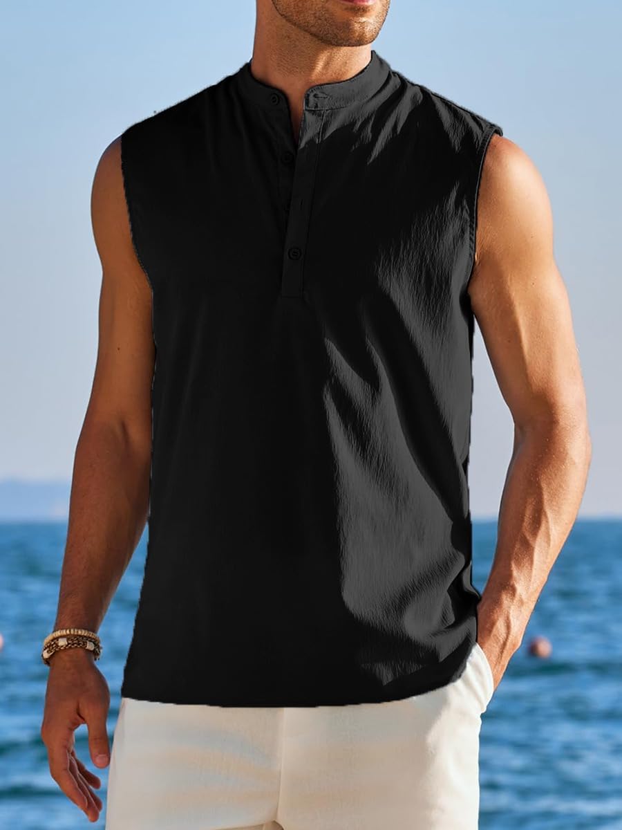 Tank Top Herren Sommer Ärmellos Henley Stil Casual Strand Shirt Muskelshirt Leicht Freizeit Oberteil