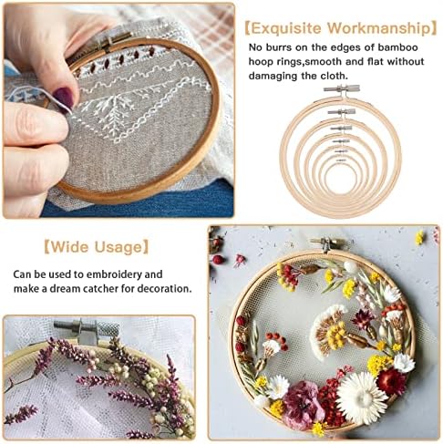 WOWOSS 6Pcs Embroidery Hoops Set, 6 Sizes Round Bamboo Embroidery Hoop 13, 15, 17, 20, 23, 26cm Bamboo Circle Cross Stitch Hoop Rings for DIY Craft Sewing Embroidery Accessories